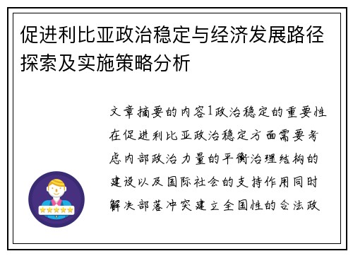 促进利比亚政治稳定与经济发展路径探索及实施策略分析